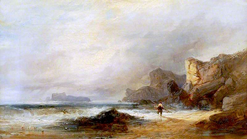 A Scene on the Coast, North Wales, Fisherman, vintage artwork by Henry Bright, A3 (16x12") Poster Print