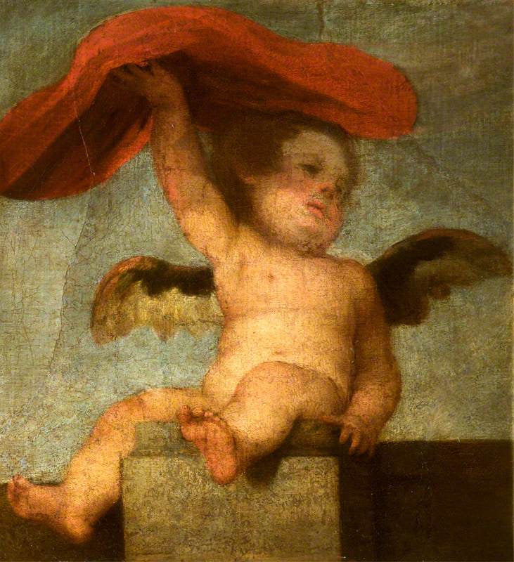 Putto-Angel Holding Something Red: A Fragment, vintage artwork by Attributed to Bartolome Esteban Murillo, 12x8" (A4) Poster