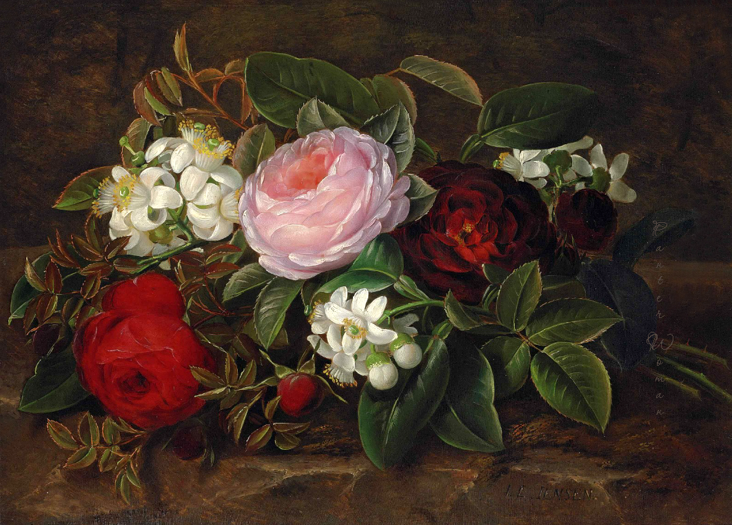 Roses and blossom on a stone ledge, vintage artwork by Johan Laurentz (J.L.) Jensen, A3 (16x12") Poster Print