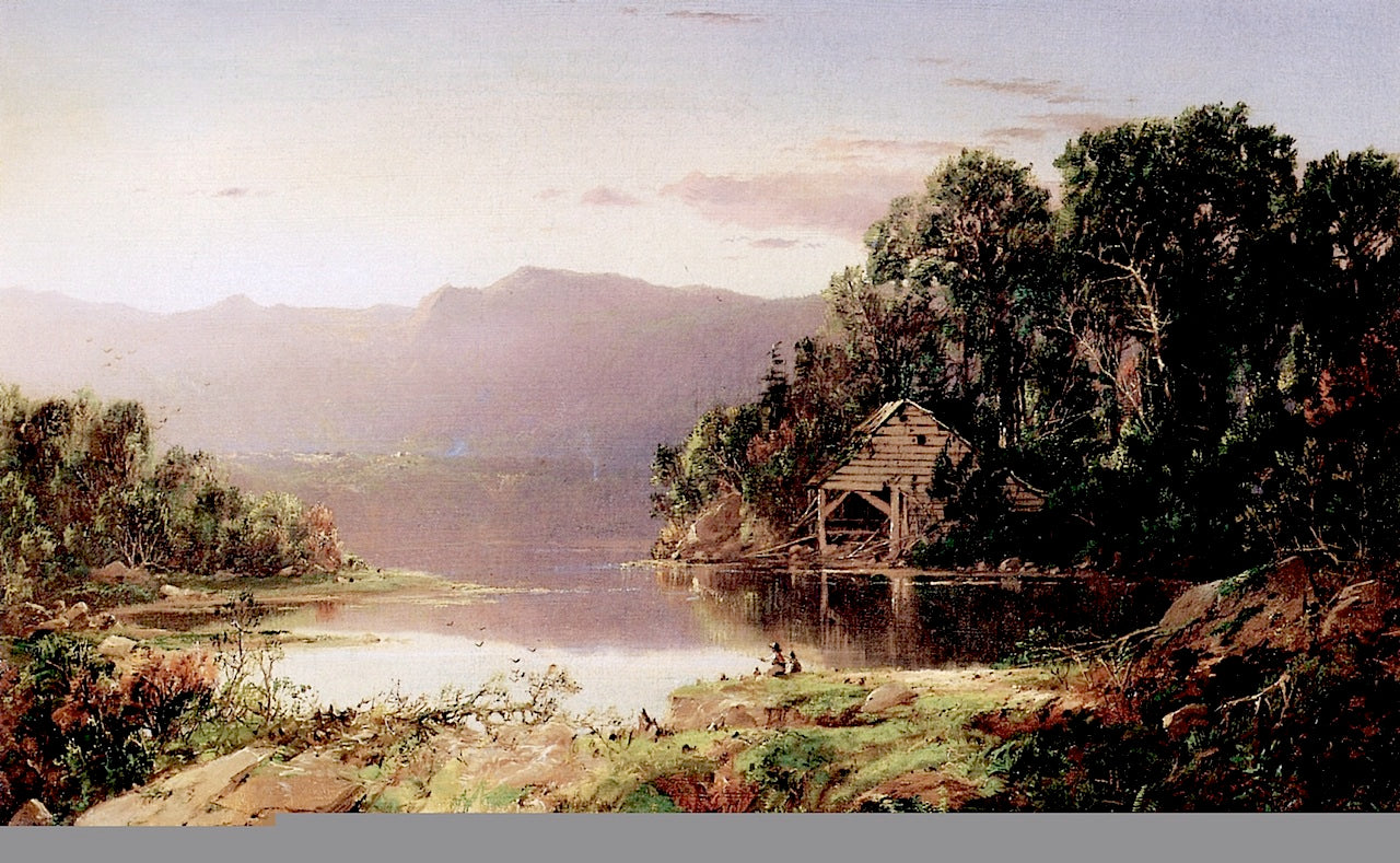 Fishing on a Lake at Sunset, vintage artwork by William Louis Sonntag, Sr, 12x8" (A4) Poster