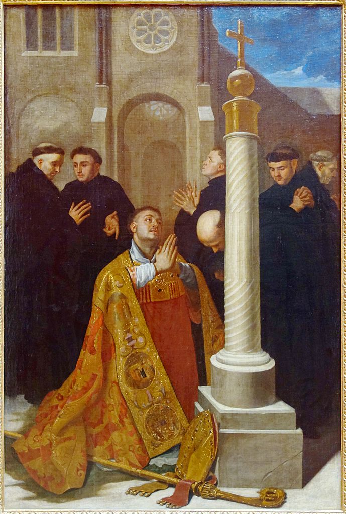 Saint Lambert in Prayer at the Foot of the Cross of the Abbey of Stavelot, vintage artwork by Bertholet Flemalle, 12x8" (A4) Poster