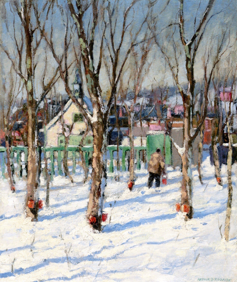 Winter, Sap Buckets, Quebec, vintage artwork by Arthur-Dominique Rozaire, 12x8" (A4) Poster