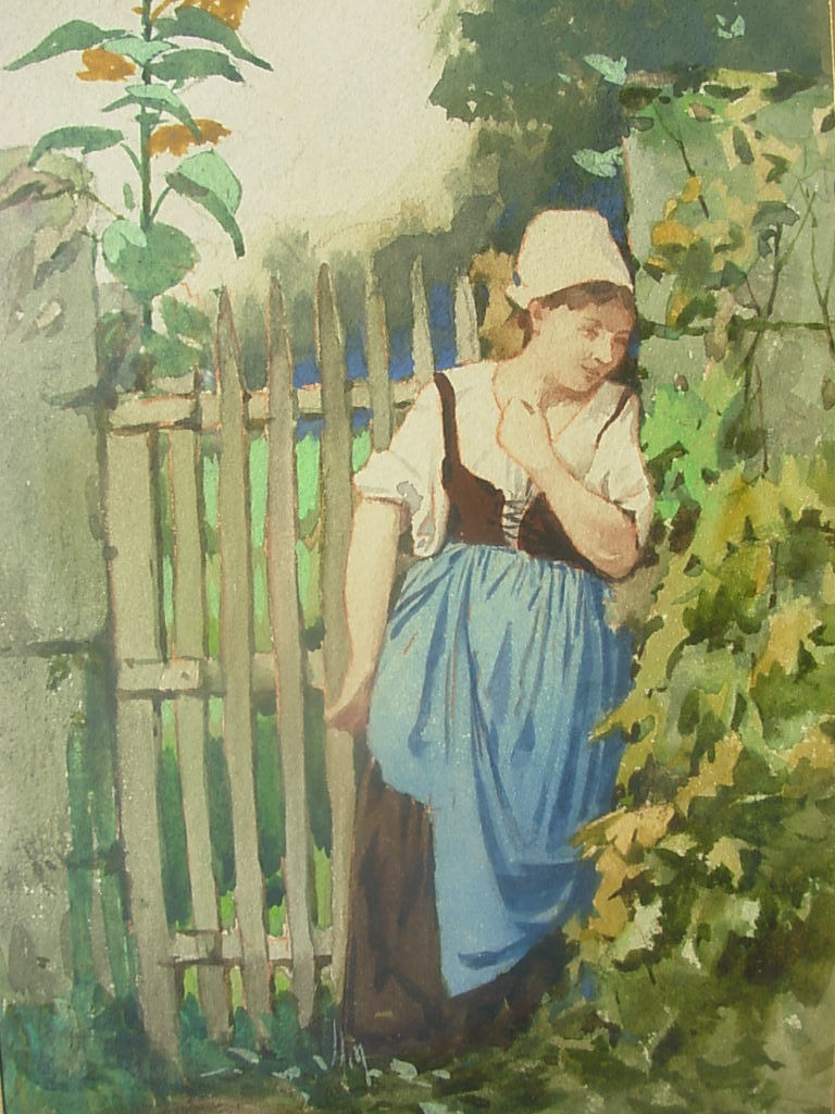 Peasant Woman at the Gate, vintage artwork by Louis Welden Hawkins, 12x8" (A4) Poster