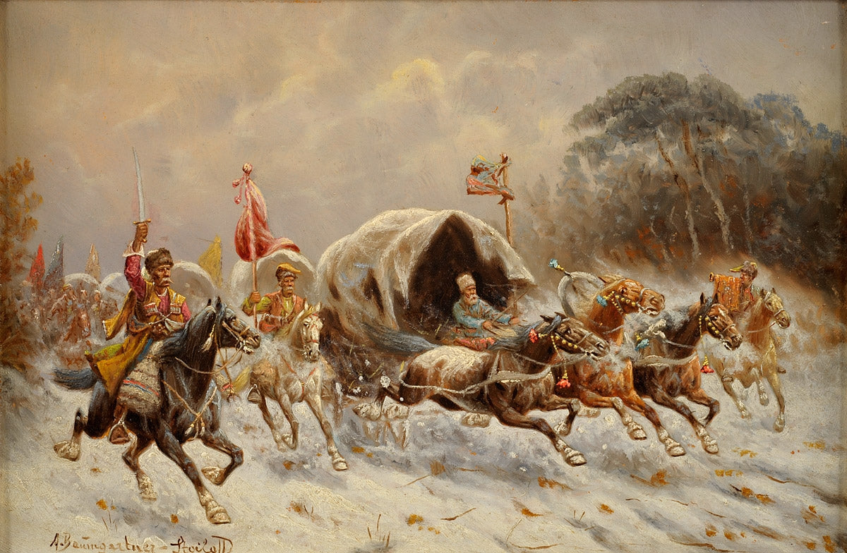 Gold Transportation in Siberia, vintage artwork by Constantin Stoiloff, 12x8" (A4) Poster