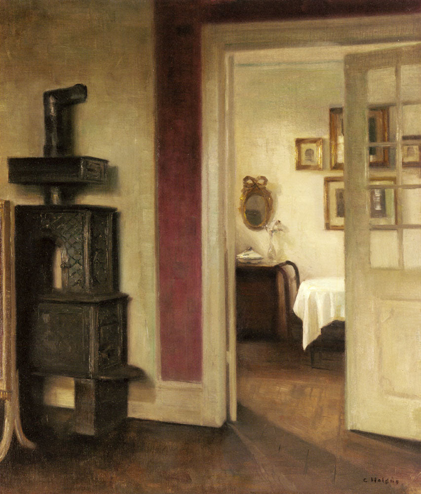 An Interior with a Stove and a View into a Dining Room, vintage artwork by Carl Vilhelm Holsøe, 12x8" (A4) Poster