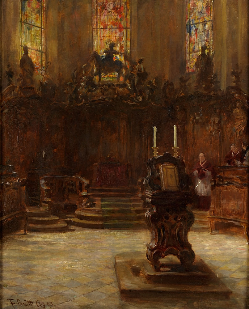 Choir Stalls in the Cathedral of Mainz, vintage artwork by Ferdinand Brütt, 12x8" (A4) Poster