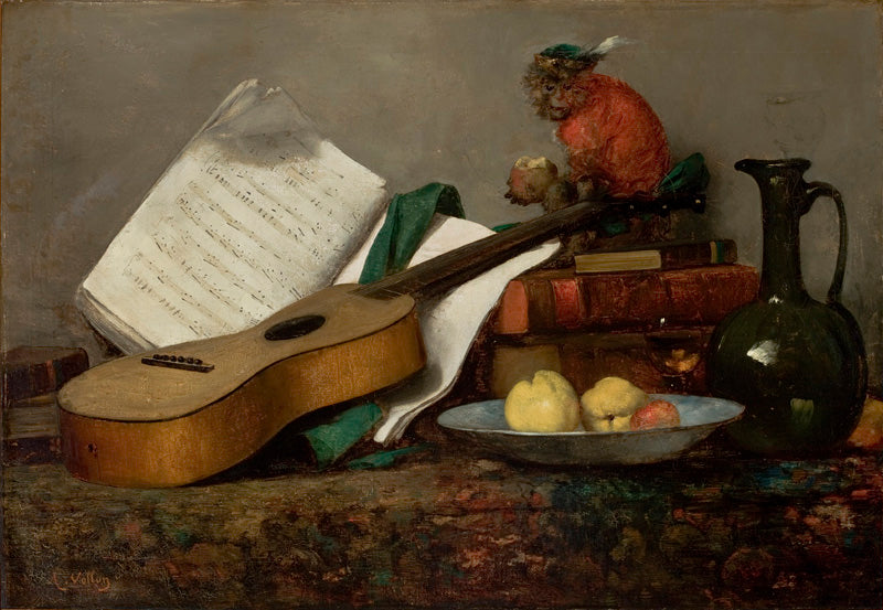 Still Life with a Monkey and a Guitar, vintage artwork by Antoine Vollon, 12x8" (A4) Poster