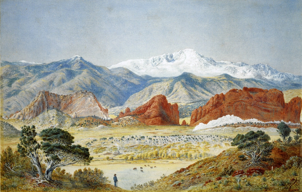 Pike's Peak and the Gateway to the Garden of the Gods, vintage artwork by Walter Paris, 12x8" (A4) Poster