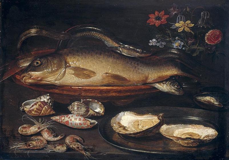 Still Life with fish, vintage artwork by Clara Peeters, 12x8" (A4) Poster