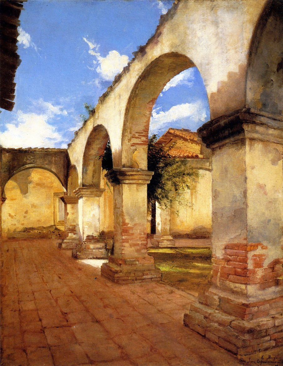 Mission San Juan Capistrano, vintage artwork by Elizabeth Borglum, 12x8" (A4) Poster