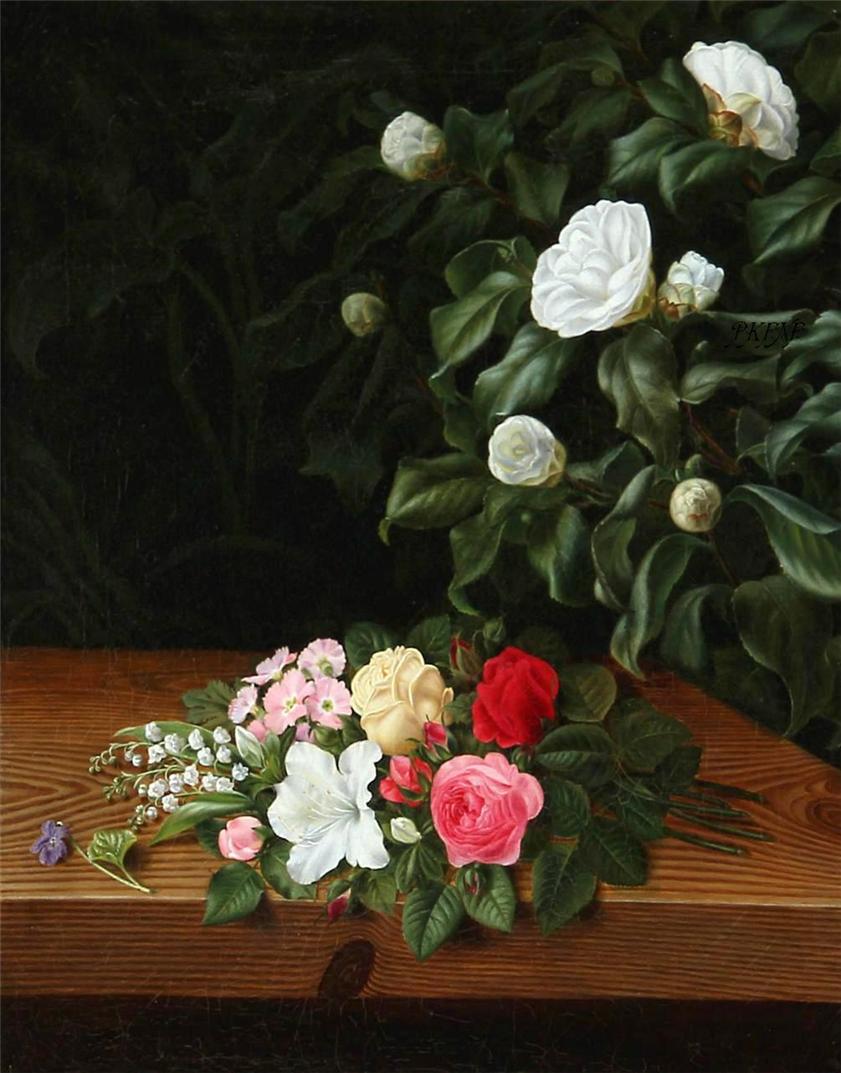 Flower bouquet on a sill at a white camillia bush and elephant ear, vintage artwork by Johan Laurentz (J.L.) Jensen, A3 (16x12") Poster Print
