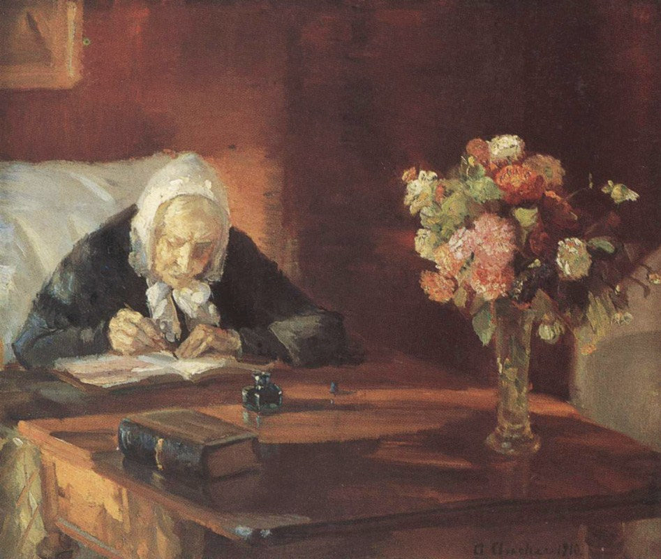 Ane Hedvig Brøndum Sitting at the Table, vintage artwork by Anna Ancher, 12x8" (A4) Poster