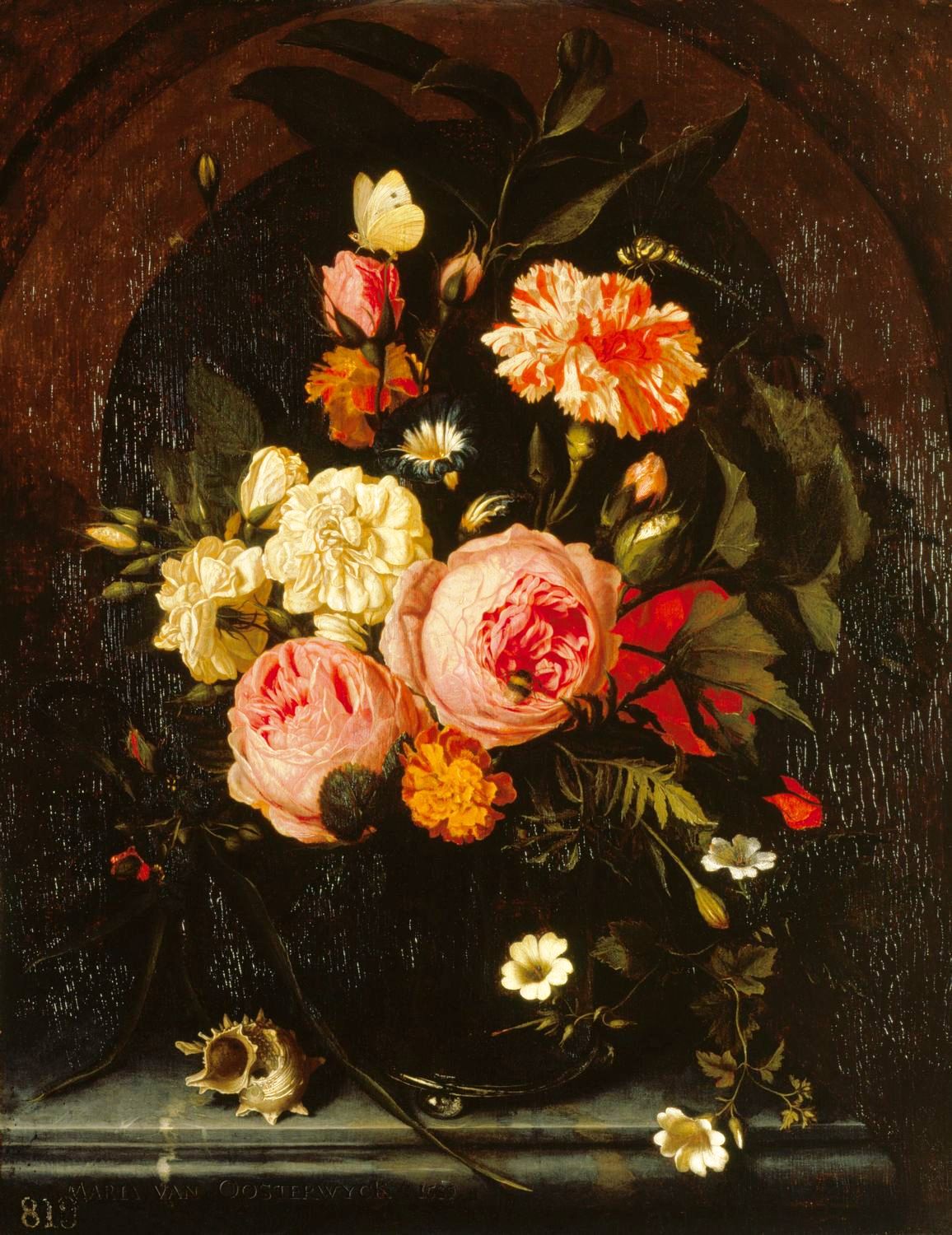 Still Life with Flowers, Insects and a Shell, vintage artwork by Maria van Oosterwijck, 12x8" (A4) Poster