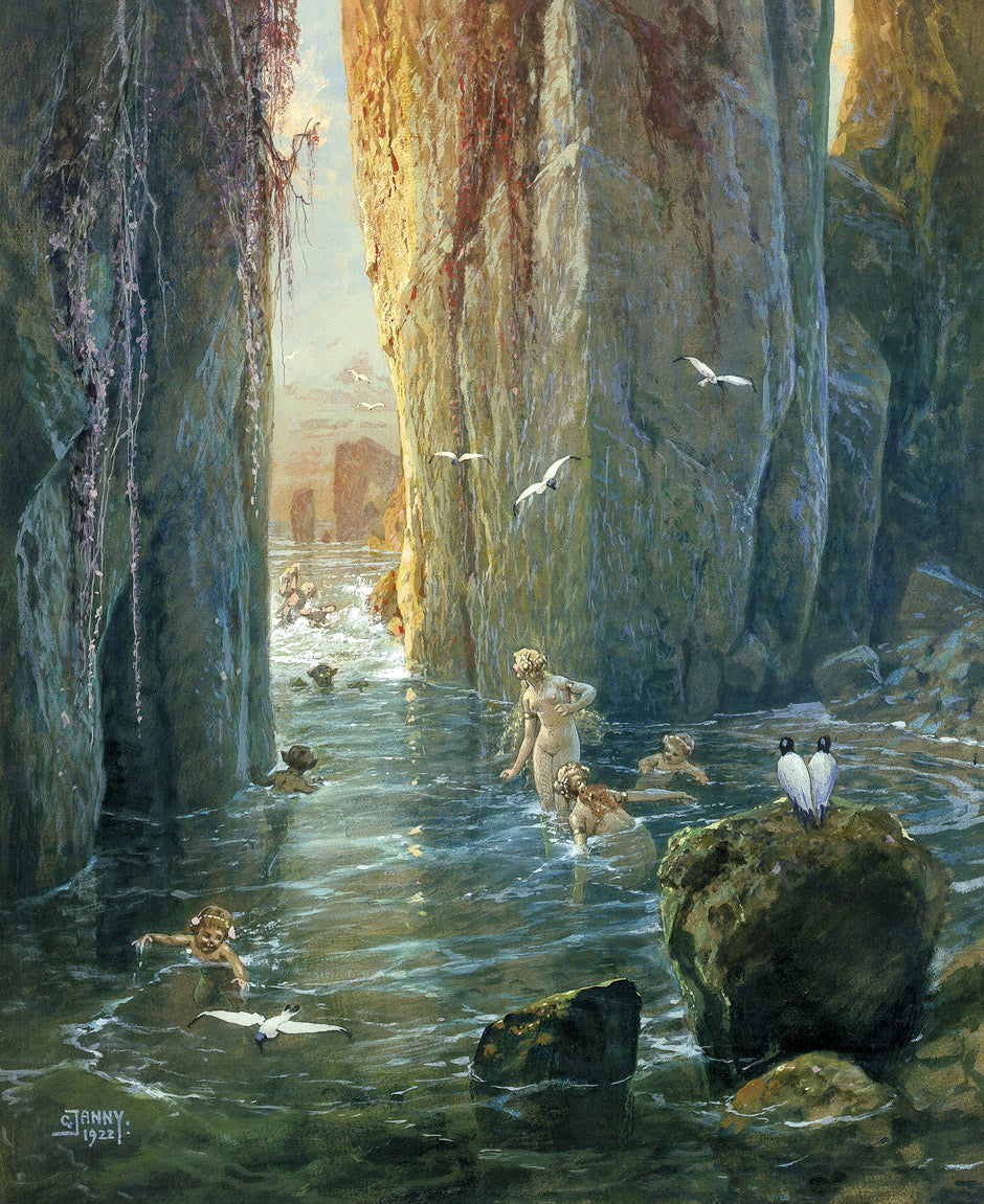 Sirens Bathing, vintage artwork by Georg Janny, 12x8" (A4) Poster