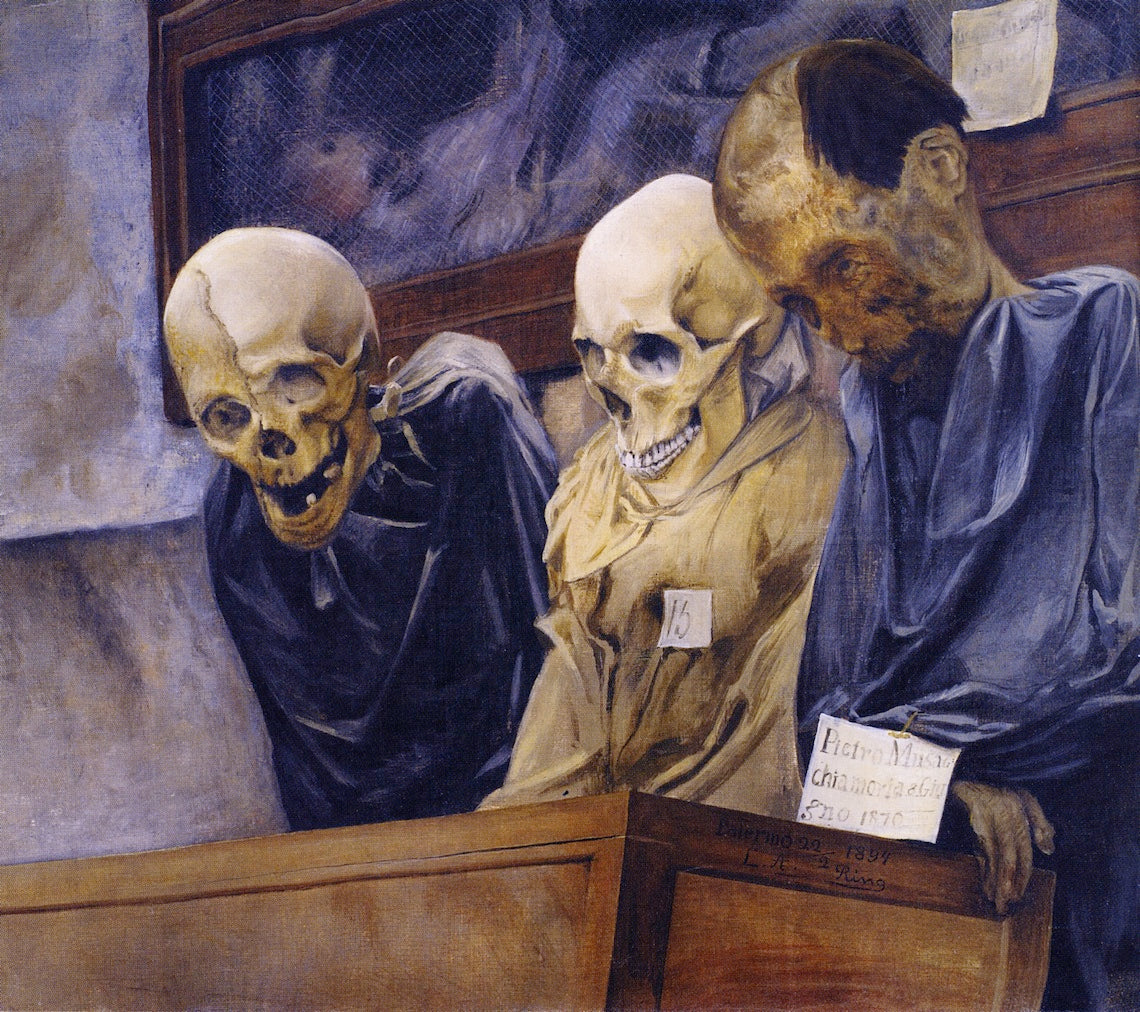 Three Skeletons in the Capuchin Monastery near Palermo, vintage artwork by Lauritz Andersen (L.A.) Ring, 12x8" (A4) Poster