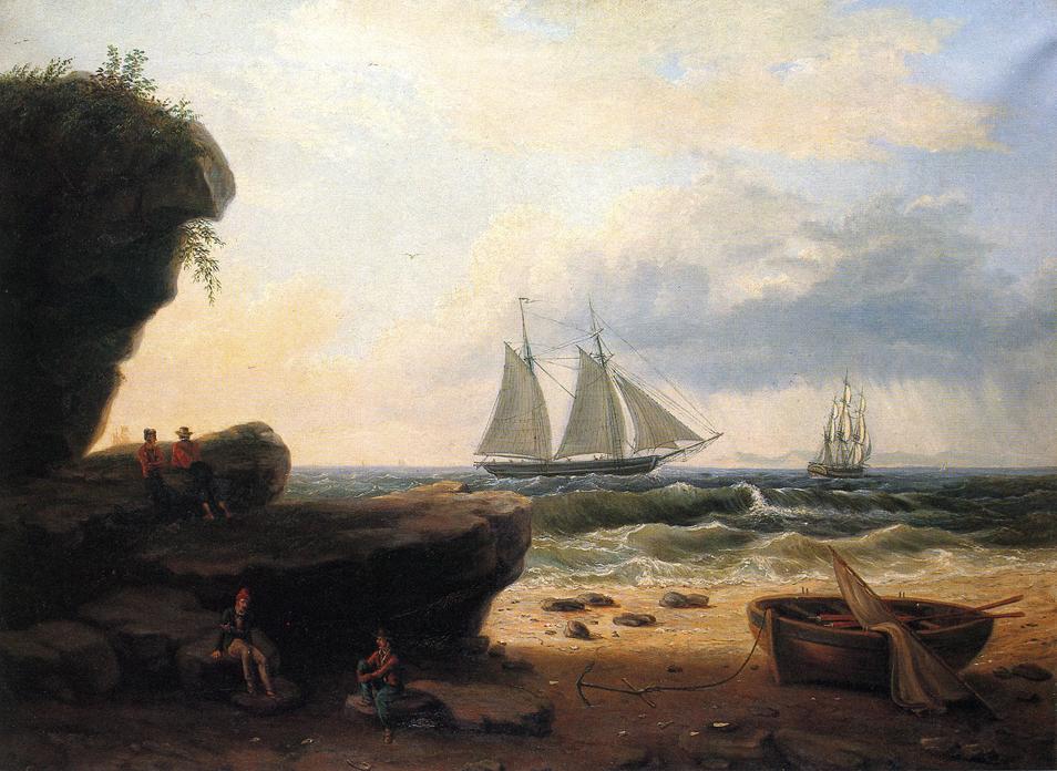 Sailing along the Shore, vintage artwork by Thomas Birch, 12x8" (A4) Poster