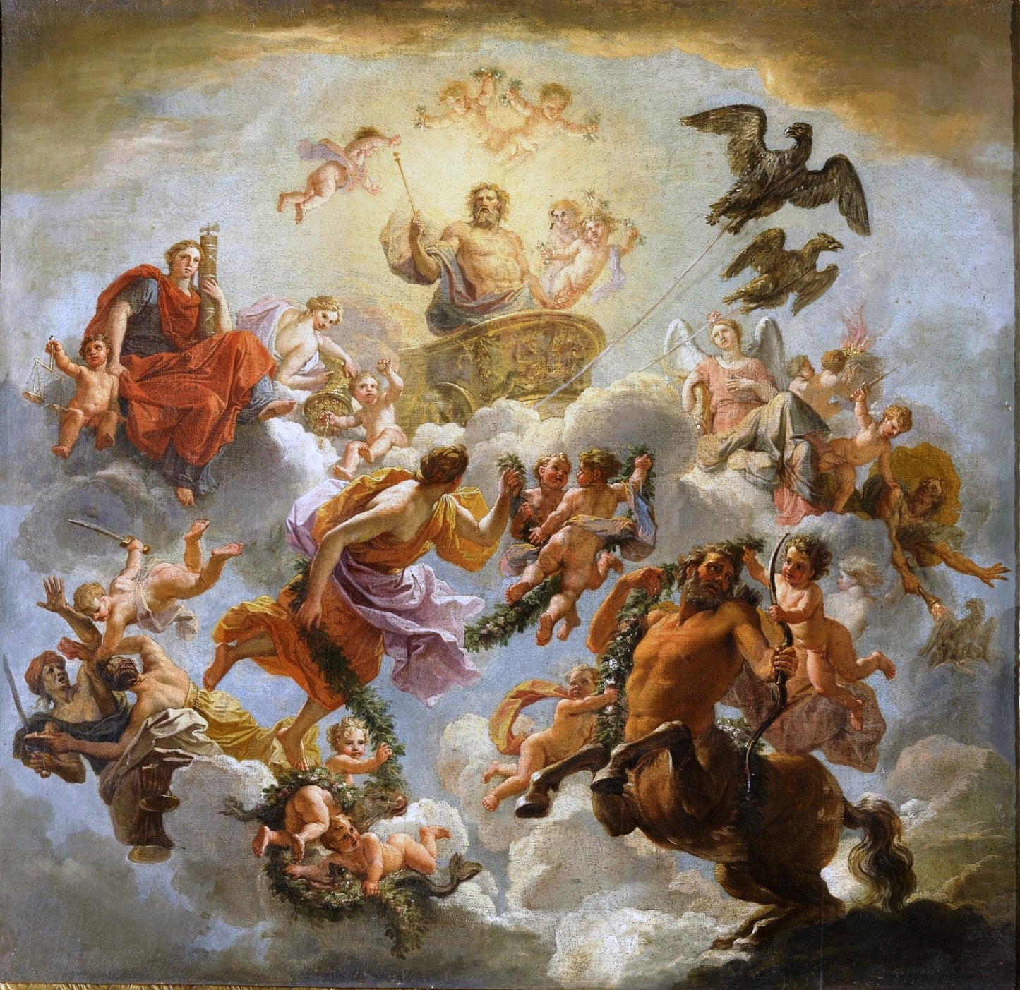 Jupiter Chariot between Justice and Piety (study), vintage artwork by Noël Coypel I, 12x8" (A4) Poster