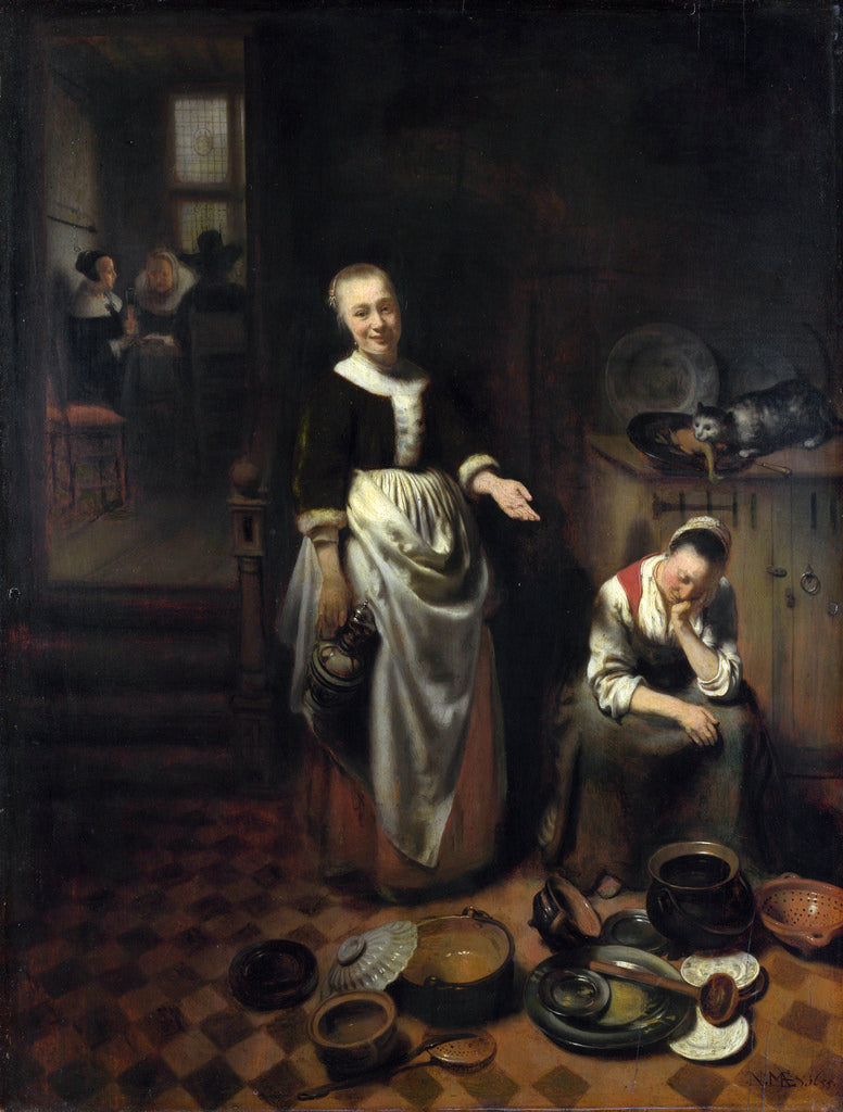 Interior with a Sleeping Maid, vintage artwork by Nicolaes Maes, 12x8" (A4) Poster