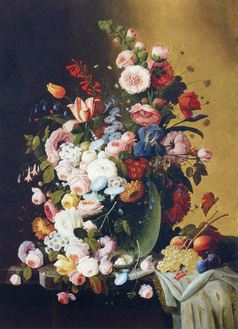 Flowers in a Glass Pitcher with Bird's Nest and Fruit, vintage artwork by Severin Roesen, A3 (16x12") Poster Print