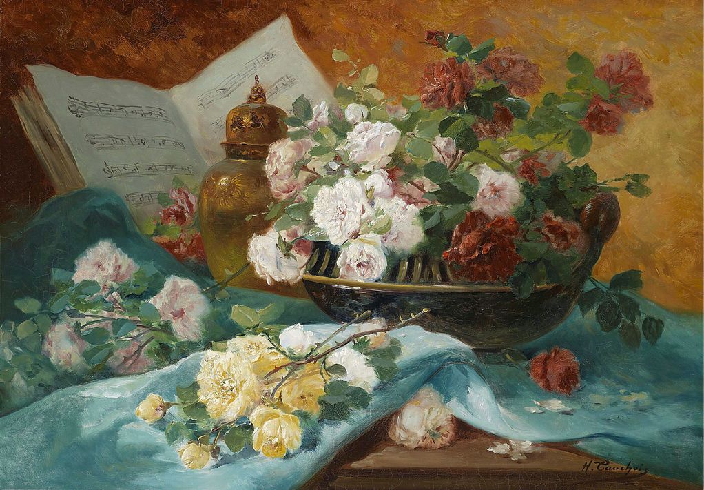 Still life with roses, vase and music book, vintage artwork by Eugene Henri Cauchois, 12x8" (A4) Poster