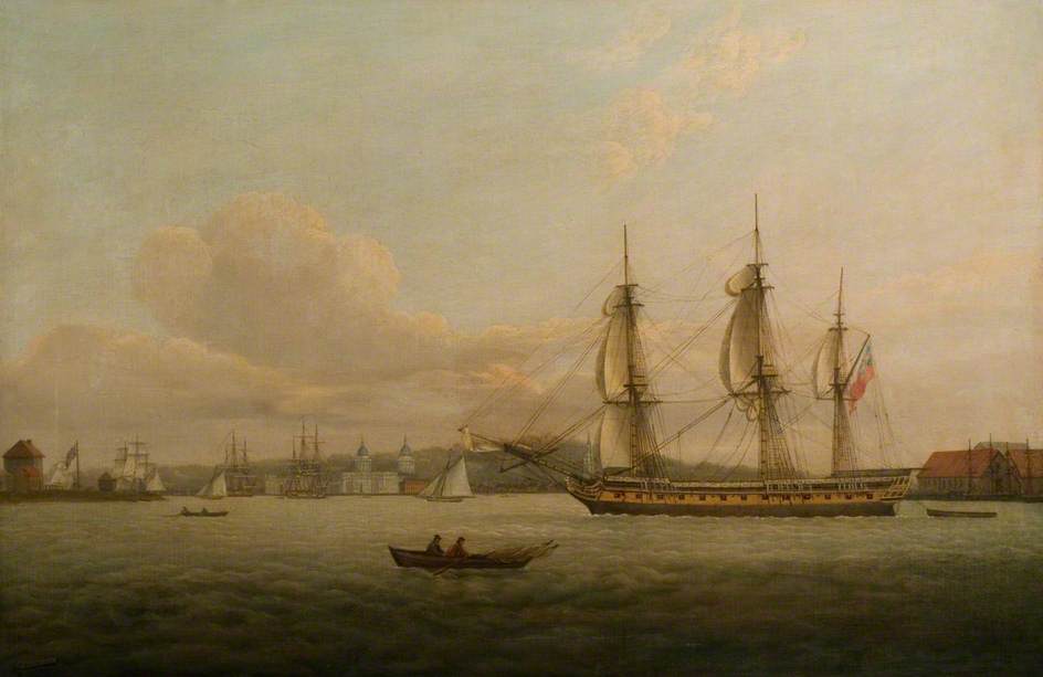 HMS 'Pomone' off Greenwich, vintage artwork by Thomas Luny, 12x8" (A4) Poster