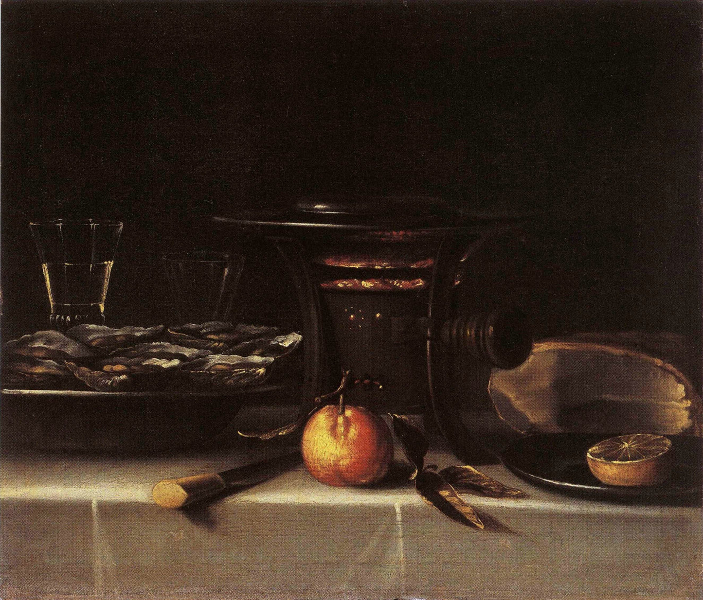 Stove, oyster dish and glass of wine, vintage artwork by Sebastien Stoskopff, 12x8" (A4) Poster