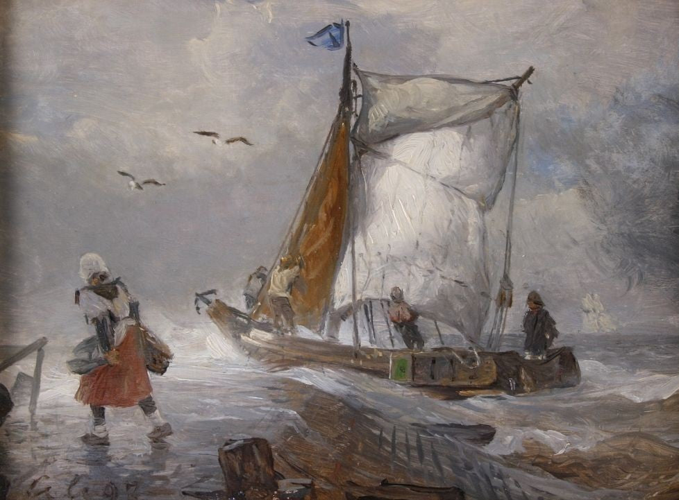 Dutch Girl by Stormy Coast, vintage artwork by Andreas Achenbach, A3 (16x12") Poster Print