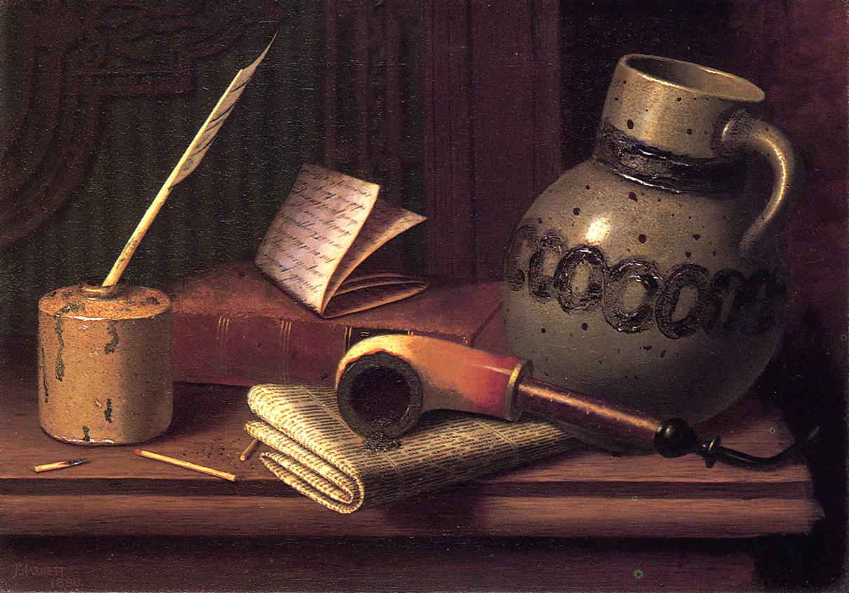 Still Life with Inkwell, Book, Pipe and Stoneware Jug, vintage artwork by William Michael Harnett, 12x8" (A4) Poster