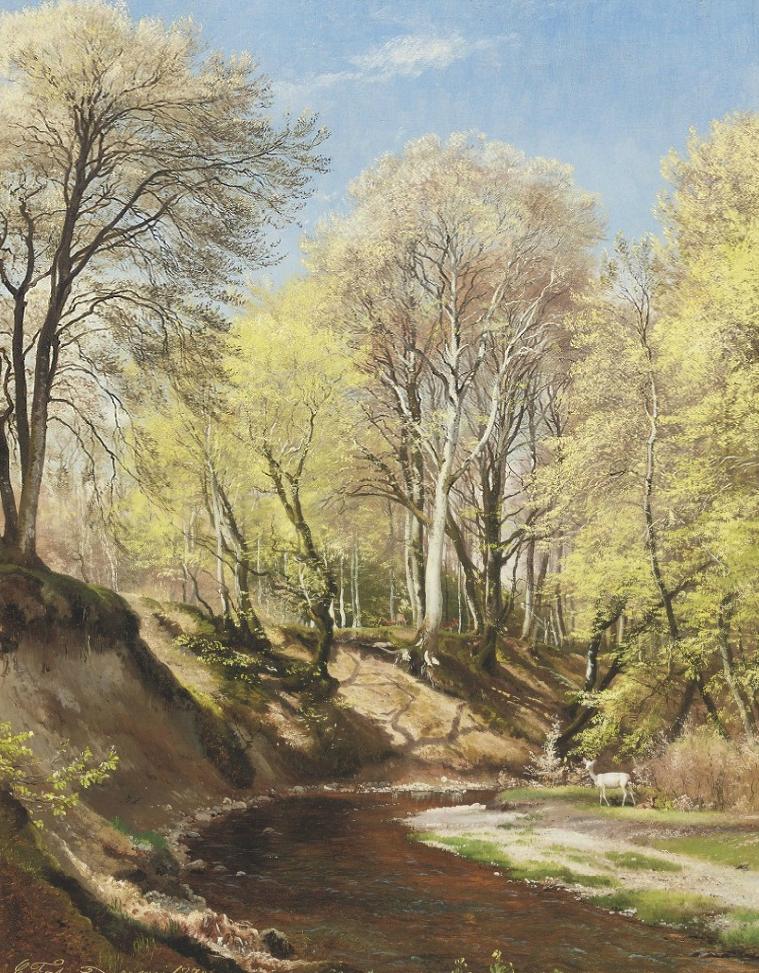 Deer at the Bend of the River, vintage artwork by Carl Frederik Aagaard, 12x8" (A4) Poster