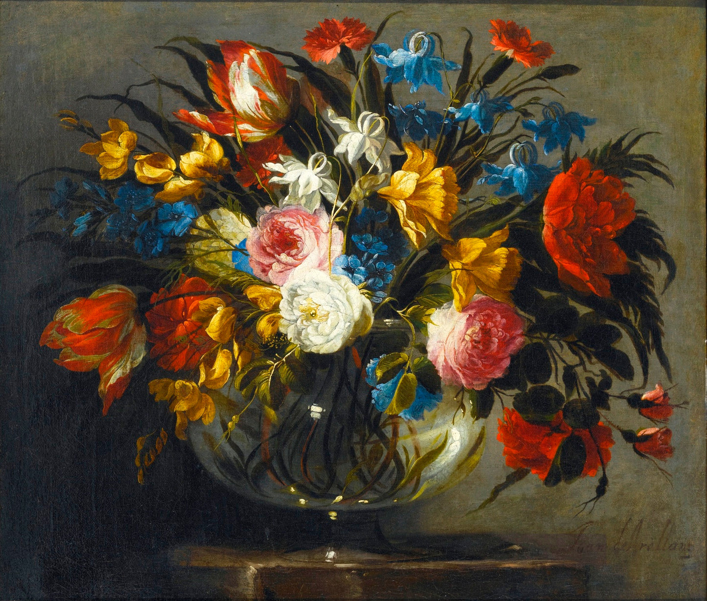 Still Life with White Zinnia, Lavender, Pink and Red Peonnies, etc., vintage artwork by Juan de Arellano, 12x8" (A4) Poster