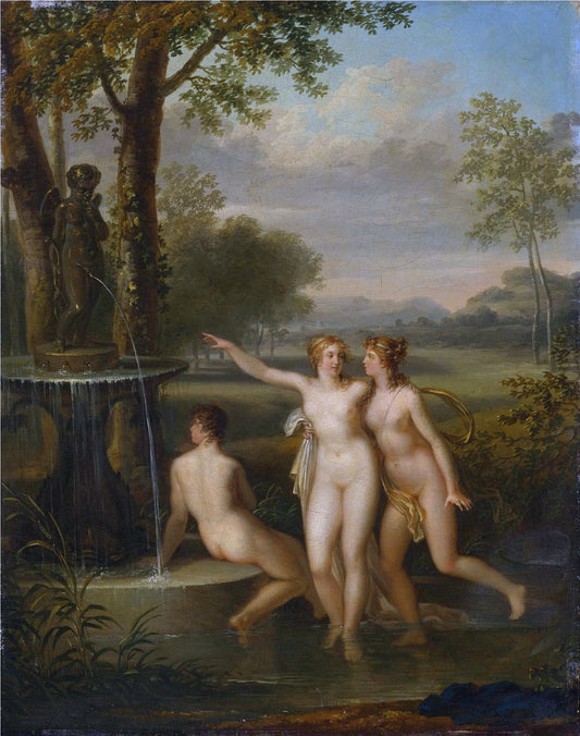 Three Nudes by  the Fountain of Love, vintage artwork by Jacques-Antoine Vallin, 12x8" (A4) Poster
