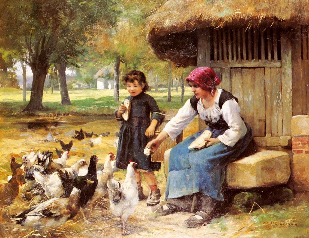 Feeding the Chickens, vintage artwork by Julien Dupre, 12x8" (A4) Poster
