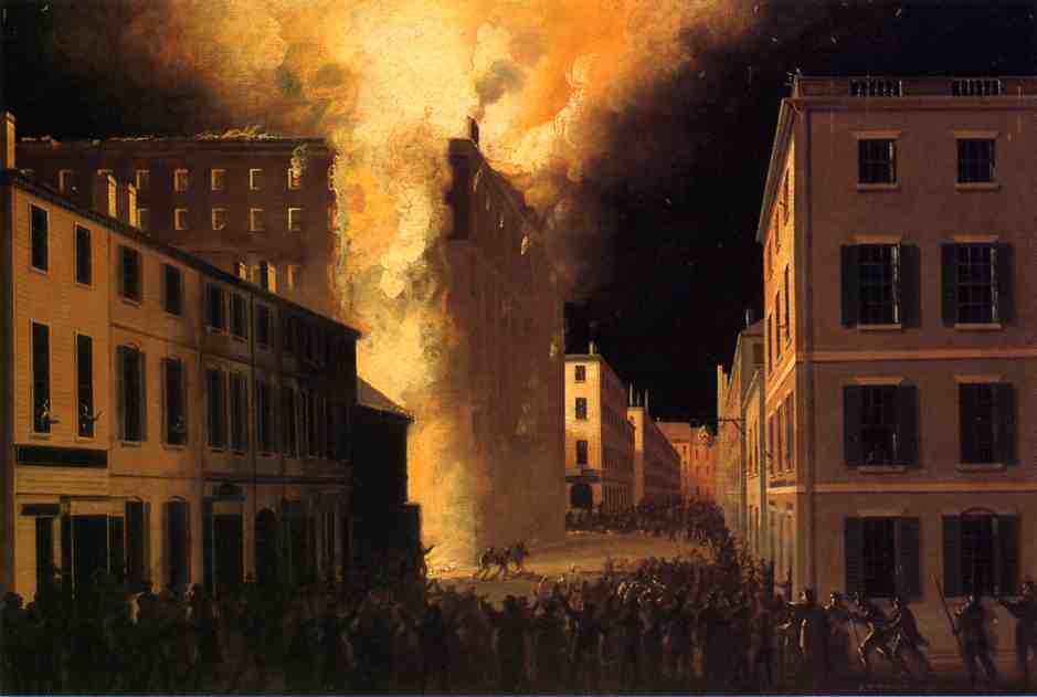 Conflagration of the Exchange Coffee House, Boston, vintage artwork by John Ritto Penniman, 12x8" (A4) Poster