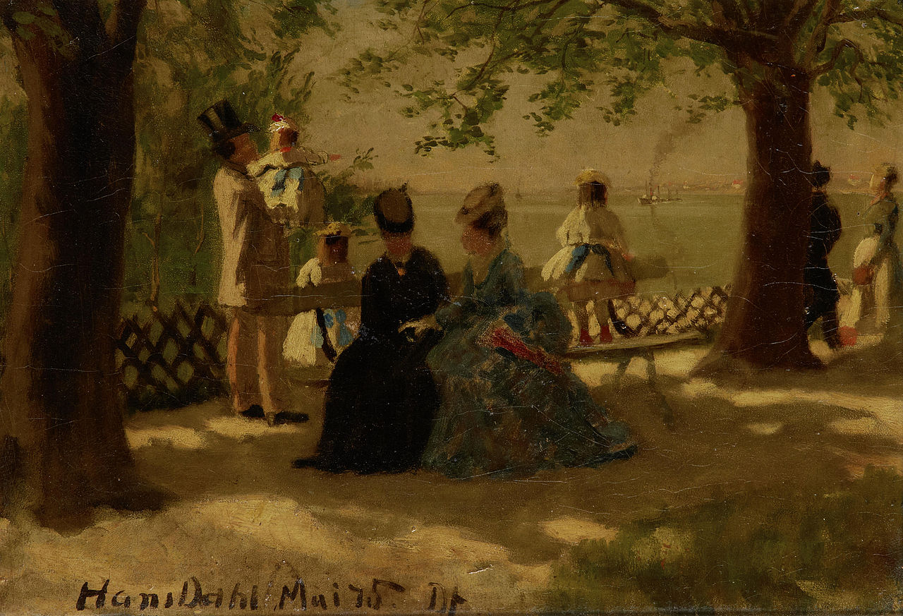 Elegant figures in a park, vintage artwork by Hans Dahl, 12x8" (A4) Poster