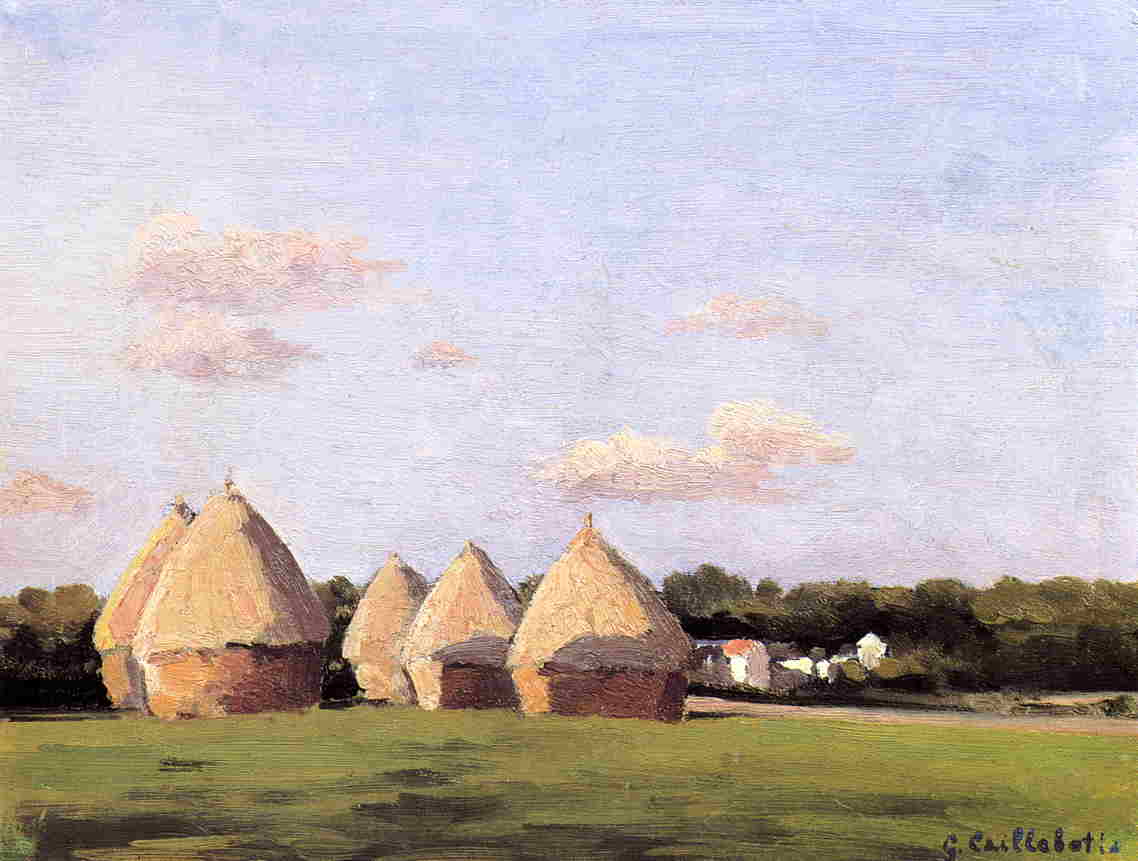 Harvest, Landscape with Five Haystacks, vintage artwork by Gustave Caillebotte, 12x8" (A4) Poster