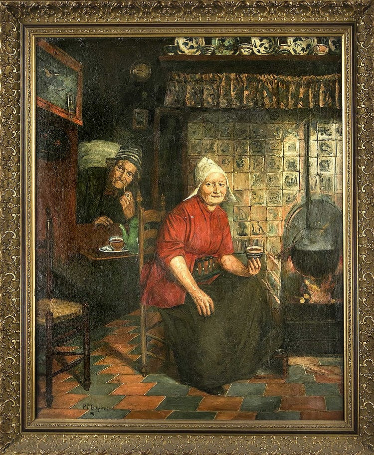 Frisian Interior with Alcove and Fireplace, vintage artwork by Paula Monje, 12x8" (A4) Poster