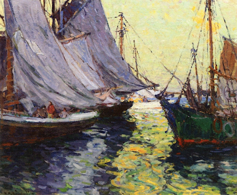 Boats, Gloucester Harbor, vintage artwork by Harry Aiken Vincent, 12x8" (A4) Poster