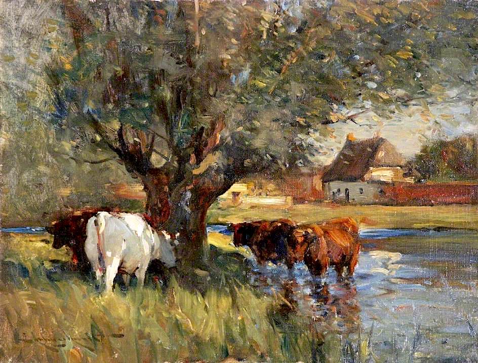 Cattle in the Shade of a Large Willow Tree (study), vintage artwork by Edmund Aubrey Hunt, 12x8" (A4) Poster