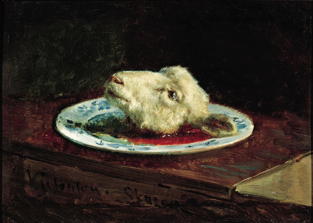 A lamb's head on a plate, vintage artwork by Viggo Johansen, 12x8" (A4) Poster