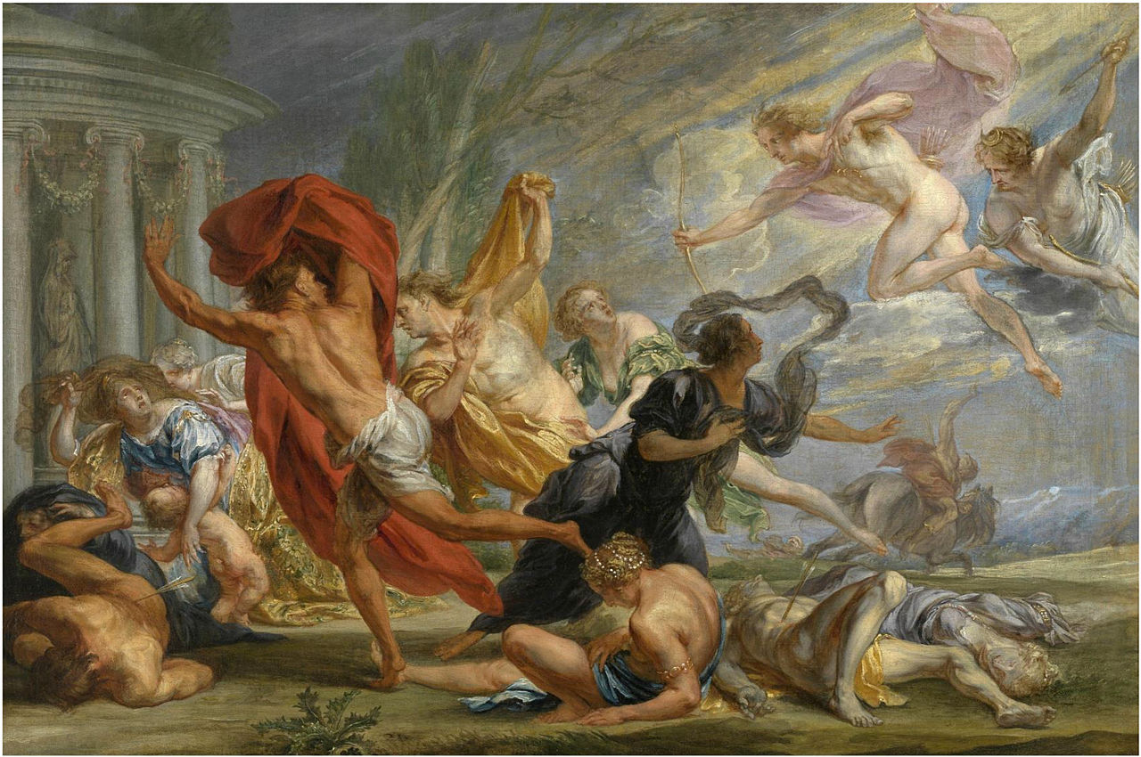Apollo and Diana Kill the Children of Niobe, vintage artwork by Jan Boeckhorst, 12x8" (A4) Poster