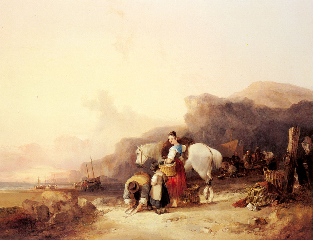 Beach Scene with Fisherfolk, vintage artwork by William Shayer Snr, 12x8" (A4) Poster