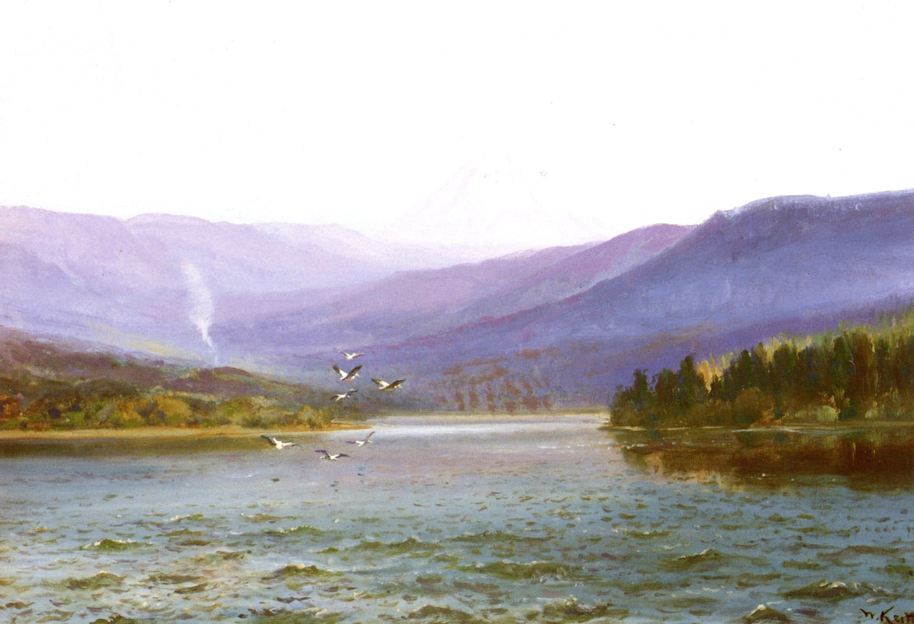 Klamath Lake with Pelicans and Mount McLaughlin, vintage artwork by William Keith, 12x8" (A4) Poster