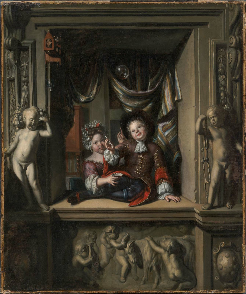 Boy and Girl Blowing Soap Bubbles, vintage artwork by Matthijs Naiveu, 12x8" (A4) Poster