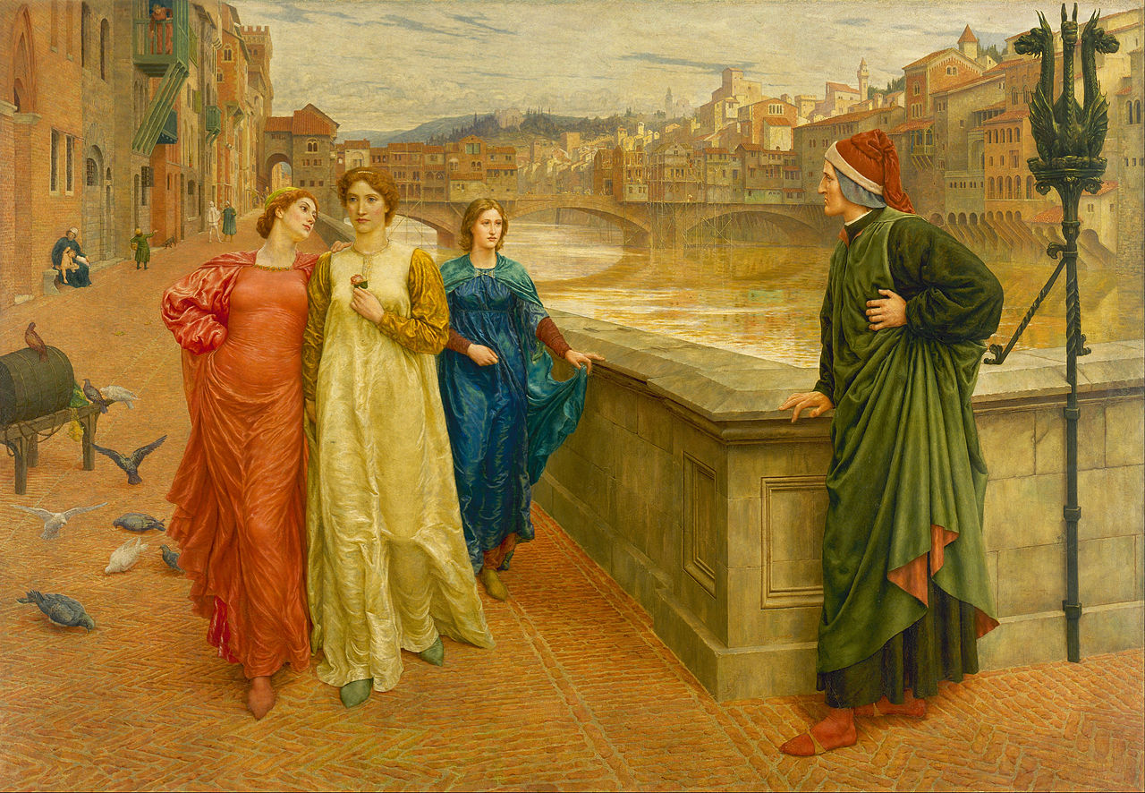 Dante Meets Beatrice at Ponte Santa Trinita, vintage artwork by Henry Holiday, 12x8" (A4) Poster