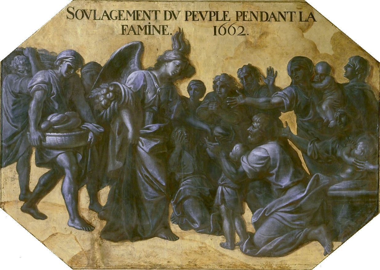 Hall of Mirrors 04 - The Nurture of the People during the Famine of 1662, vintage artwork by Charles Le Brun, 12x8" (A4) Poster