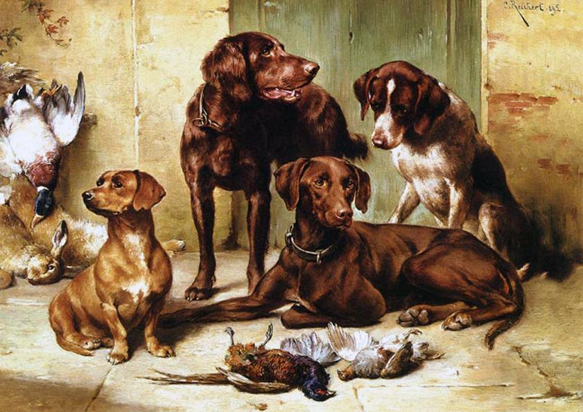 Hunting dogs with prey, vintage artwork by Carl Reichert, 12x8" (A4) Poster