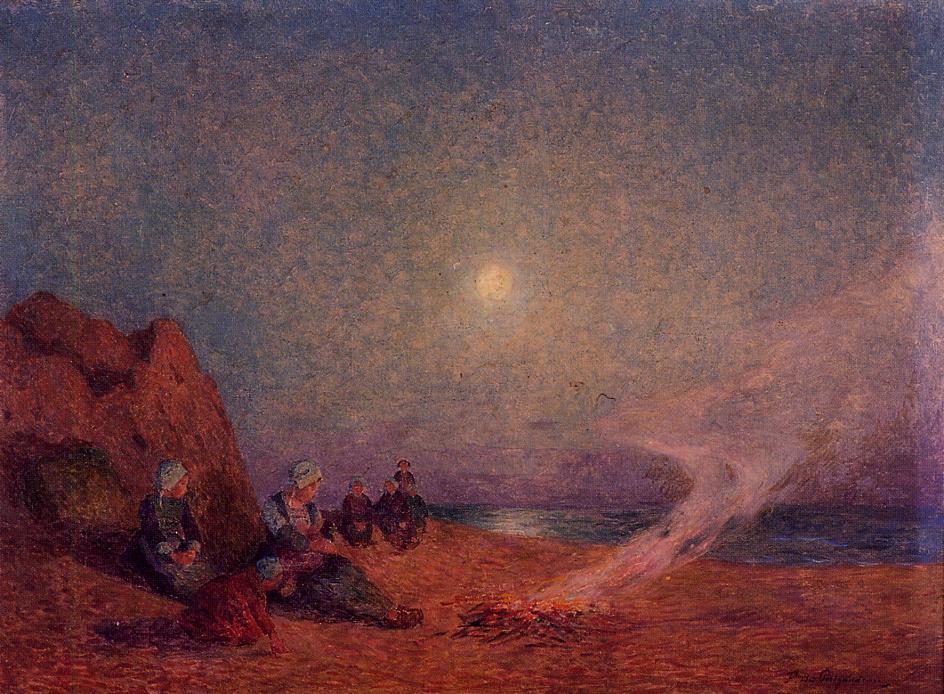 Woman on the Beach beside a Fire by Ferdinand du Puigaudeau,A3(16x12")Poster