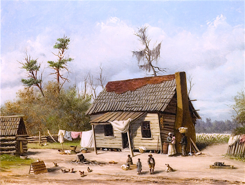 Cabin Scene with Children, Animals and Cotton Field, vintage artwork by William Aiken Walker, 12x8" (A4) Poster