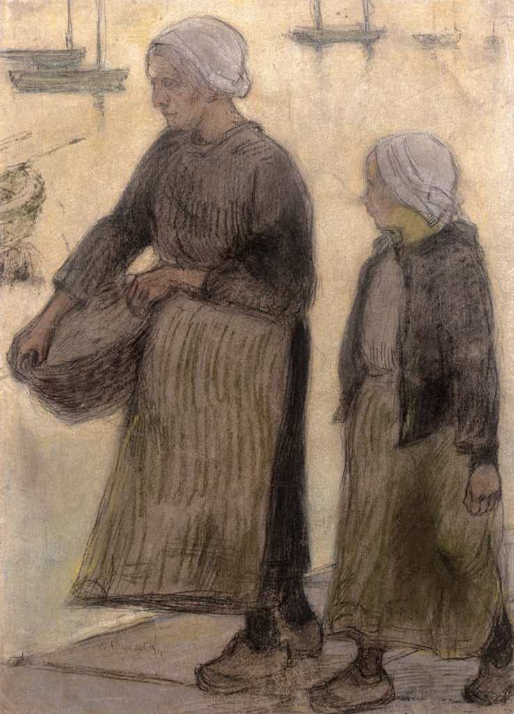 Breton Women on the Quays, vintage artwork by Wladyslaw Slewinski, 12x8" (A4) Poster