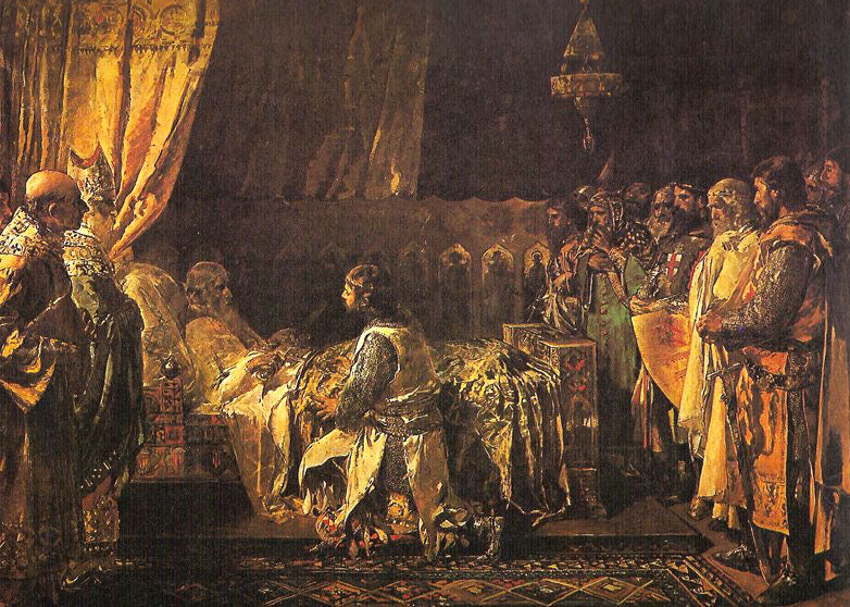 The last moments of King James the Conqueror, vintage artwork by Ignacio Pinazo Camarlench, 12x8" (A4) Poster